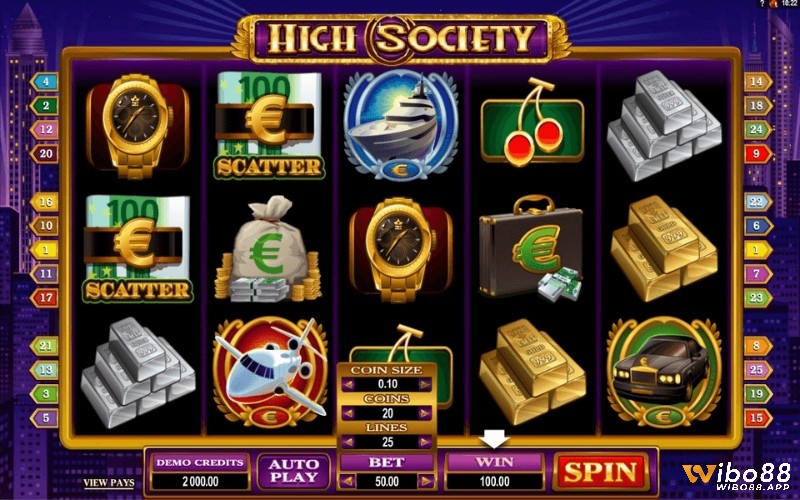 HighSociety là slot có 5 cuộn phim 3 hàng và 25 dòng thưởng