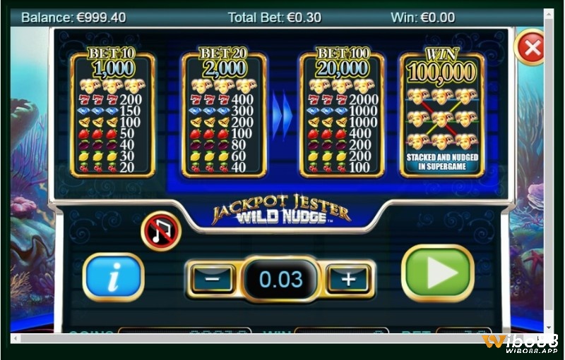 Bảng thanh toán hiển thị ngay trên màn hình chơi Jackpot Jester Wild Nudge Jackpot