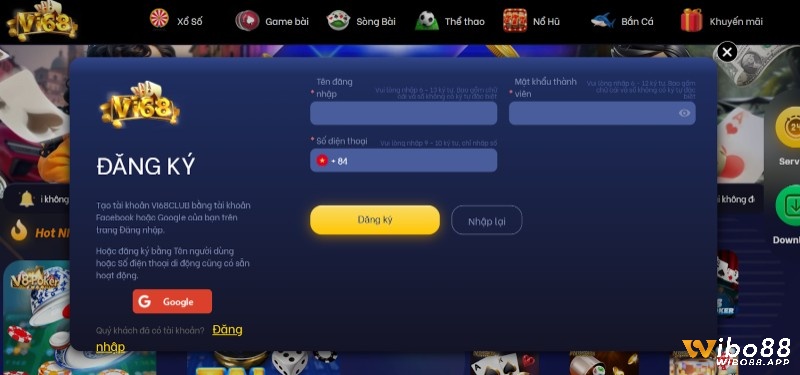 Giao diện đăng ký Vi68