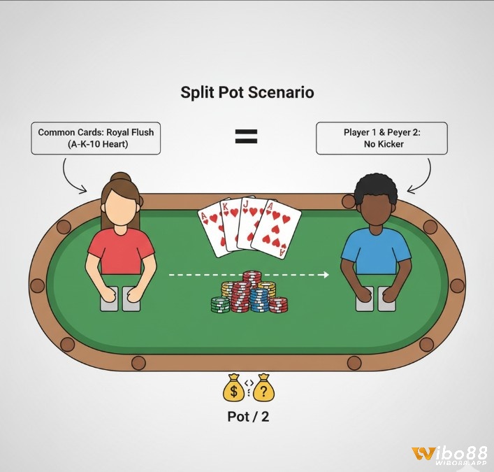 Mô tả trường hợp chia pot trong poker, khi hai người chơi có bài mạnh nhất như Sảnh chúa hoặc hai đôi giống nhau từ bài chung