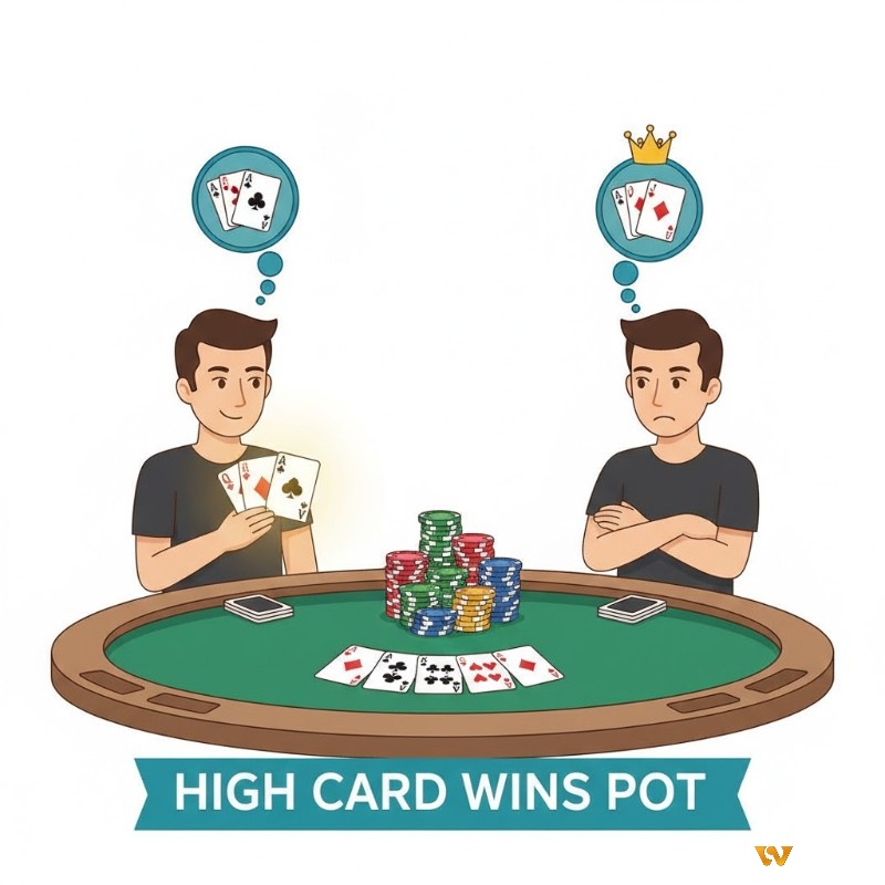 Mô tả cách so bài High Card trong poker khi không ai có bộ bài mạnh, từ lá cao nhất đến các lá phụ để tìm người thắng