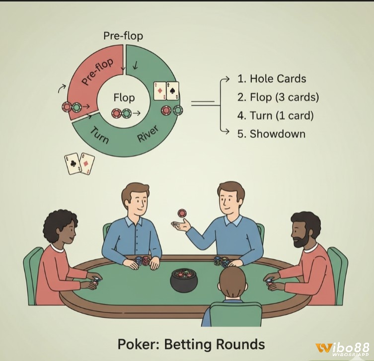 Người chơi Poker hiểu các vòng cược Pre-flop, Flop, Turn, River và quá trình đặt cược để chiến thắng