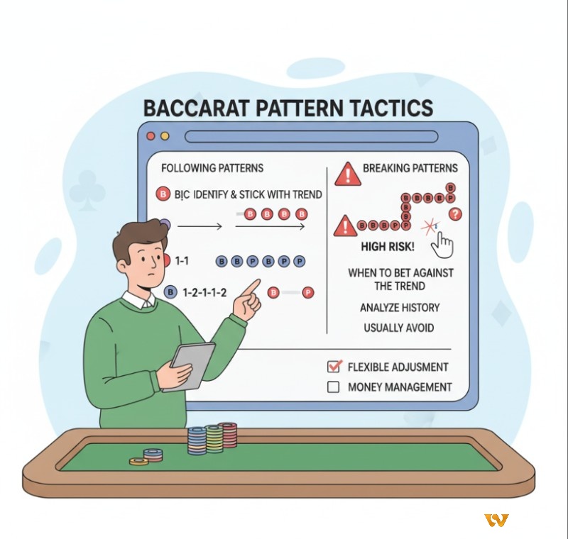Người chơi baccarat phân tích và áp dụng chiến thuật theo cầu (bệt, 1-1, 1-2-1-2) và phá cầu thông minh