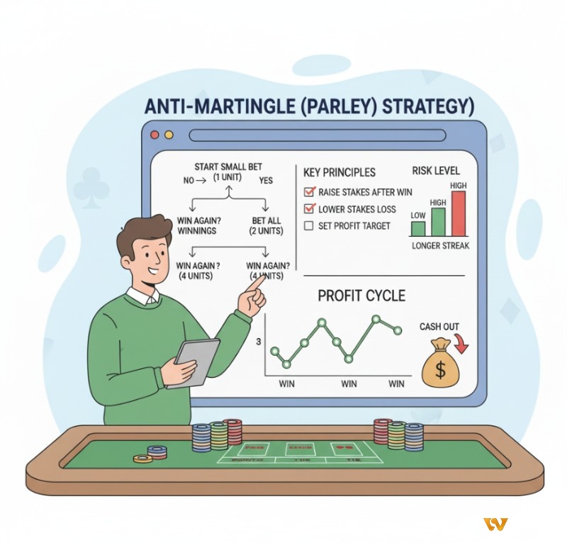 Trong baccarat, người chơi áp dụng hệ thống Parley hay Anti-Martingale nhằm khuếch đại lợi nhuận mỗi khi chiến thắng