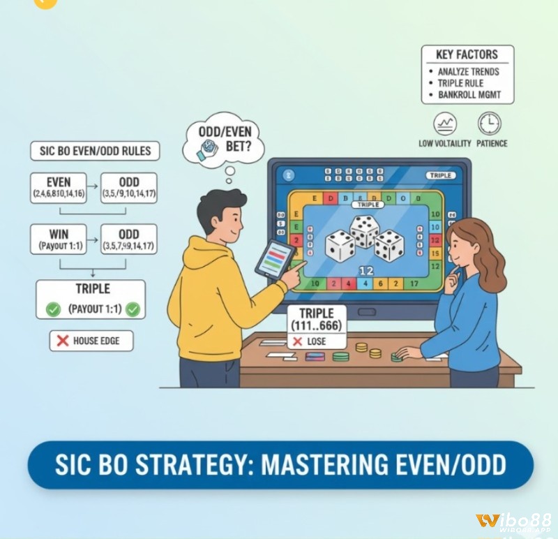 Người chơi sic bo tìm hiểu cược chẵn/lẻ, bao gồm quy tắc về ""bộ ba đồng nhất"", để tối ưu hóa chiến lược cược