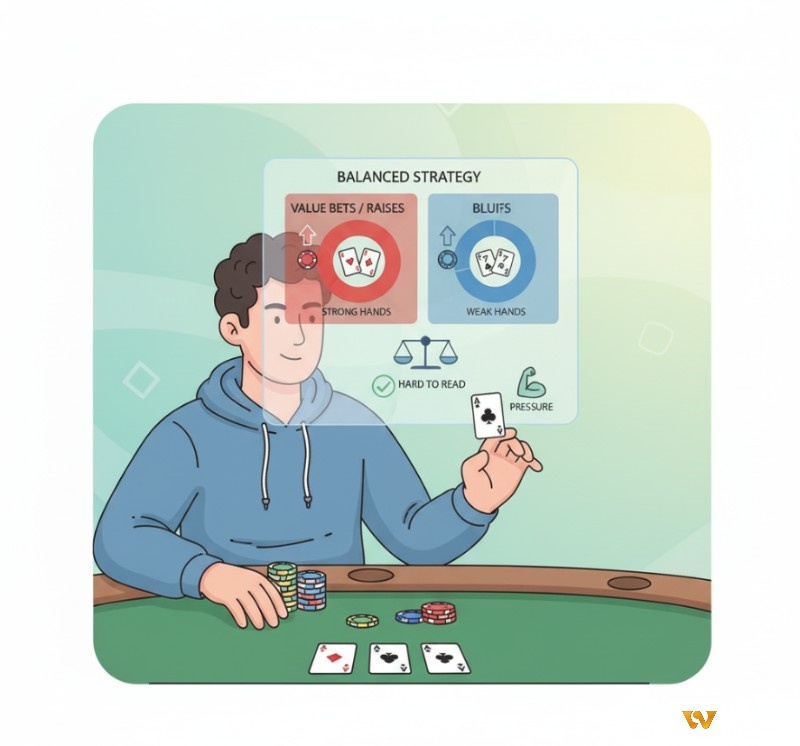 Người chơi poker cân bằng chiến thuật bet và raise, pha trộn bài mạnh và bluff để trở nên khó đoán, tạo áp lực tâm lý cho đối thủ