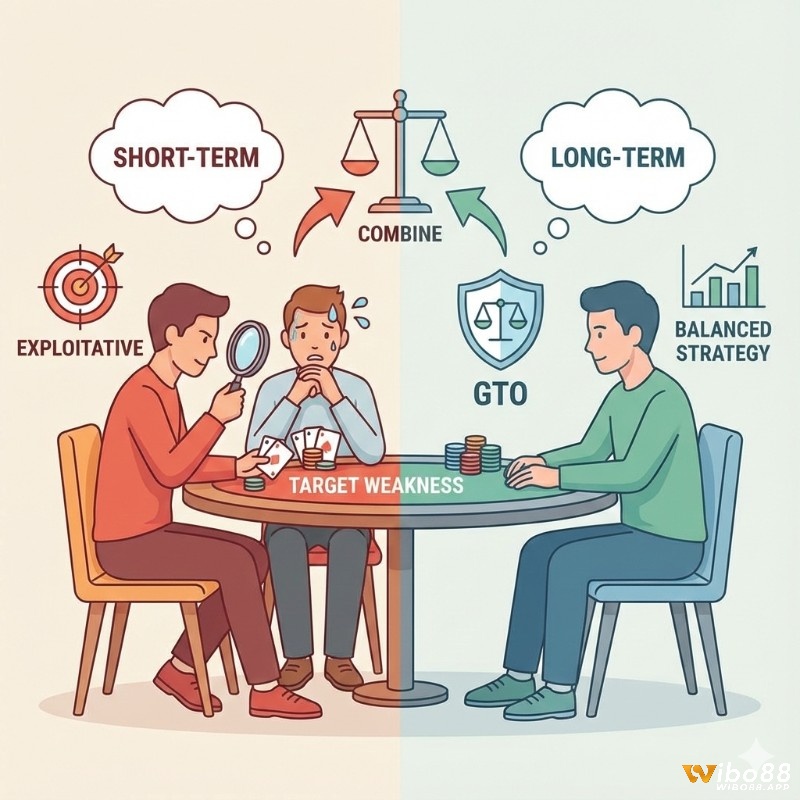 Người chơi poker so sánh GTO và chiến lược khai thác để chọn cách tiếp cận phù hợp, tối ưu hóa lối chơi của mình