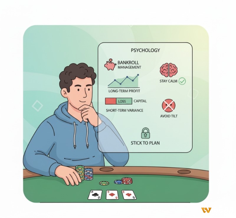 Người chơi poker với tâm lý bình tĩnh, quản lý vốn hiệu quả khi áp dụng GTO, chấp nhận biến động và tin tưởng vào lợi nhuận lâu dài