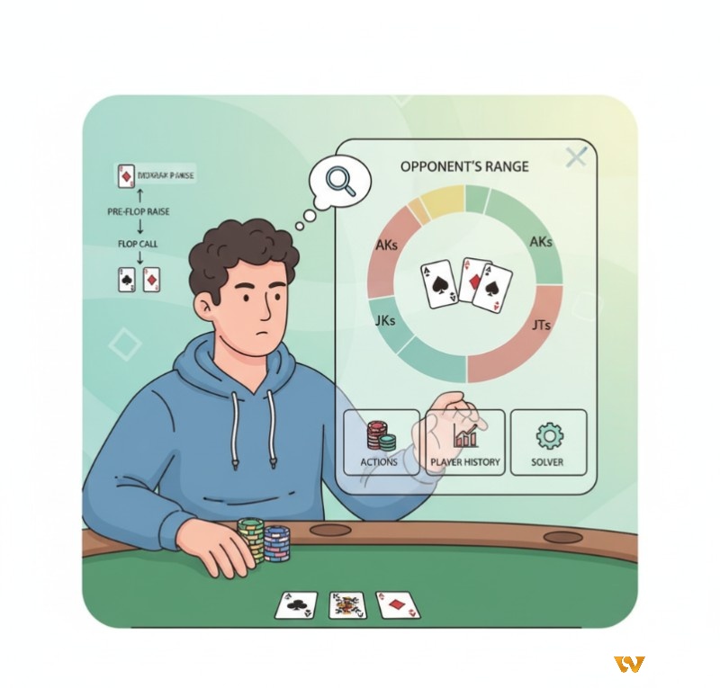 Người chơi poker phân tích ""range"" bài của đối thủ dựa trên hành động và kinh nghiệm để đưa ra quyết định GTO