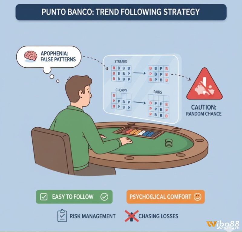 Người chơi Punto Banco quan sát các ""dòng"" trên bảng thống kê, áp dụng chiến thuật theo xu hướng nhưng cẩn trọng với rủi ro