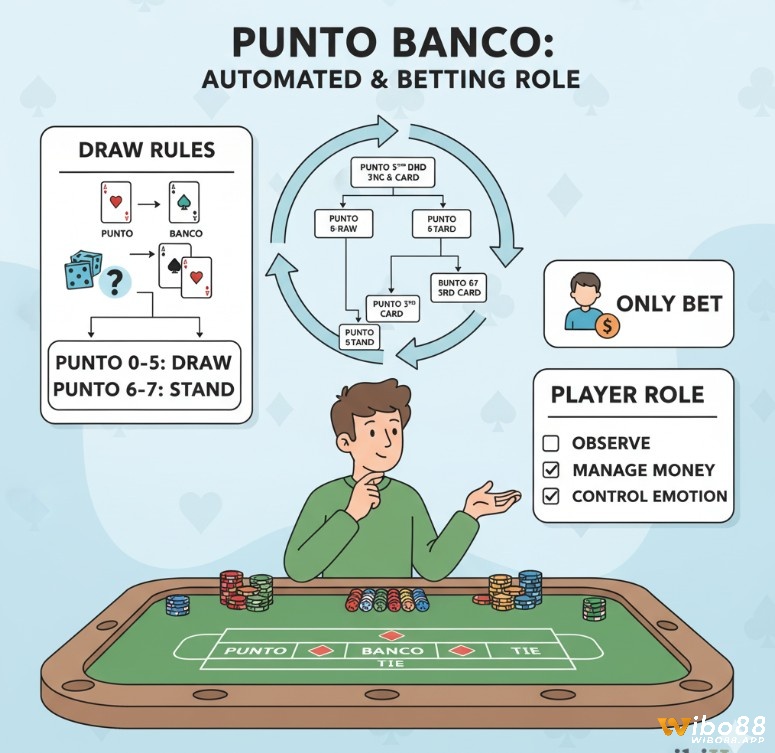Punto banco baccarat là gì? Người chơi Punto Banco baccarat hiểu quy tắc rút bài tự động và vai trò của mình chỉ là đặt cược