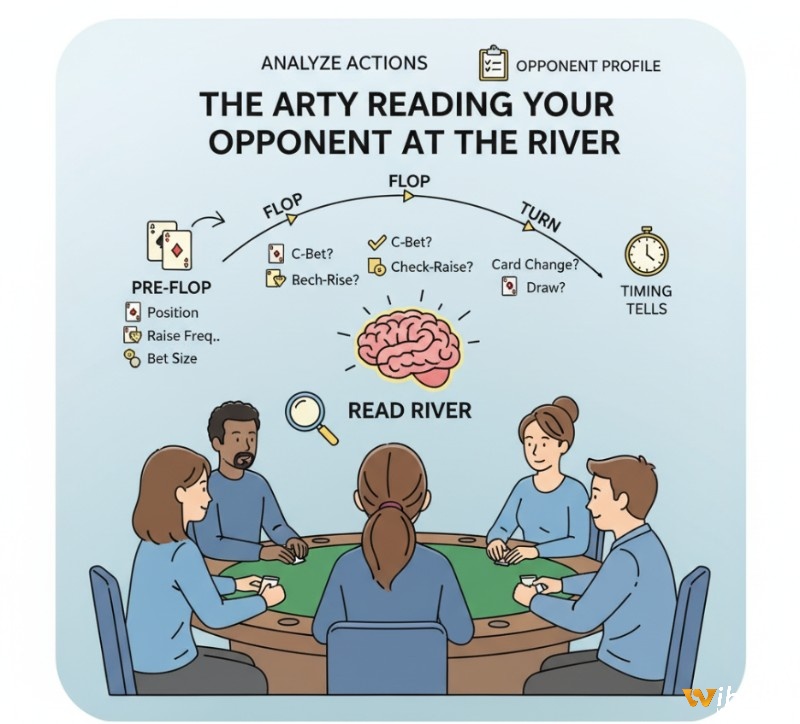 Người chơi poker quan sát hành động đối thủ từ pre-flop đến turn để tạo hồ sơ và đọc vị hiệu quả ở vòng river