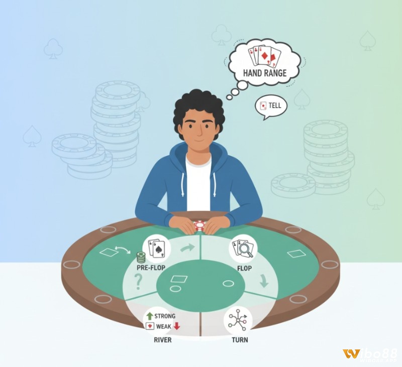 Người chơi poker phân tích hành động đối thủ ở các vòng cược để thu hẹp phạm vi bài và đưa ra quyết định ở vòng river