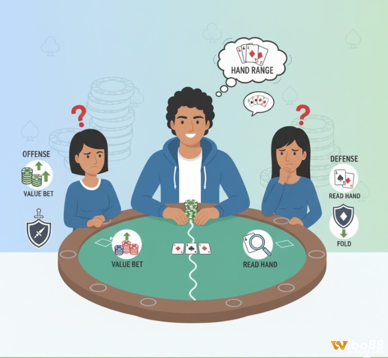 Người chơi poker sử dụng chiến thuật tấn công và phòng thủ để tối đa hóa lợi nhuận hoặc lừa đối thủ ở vòng river