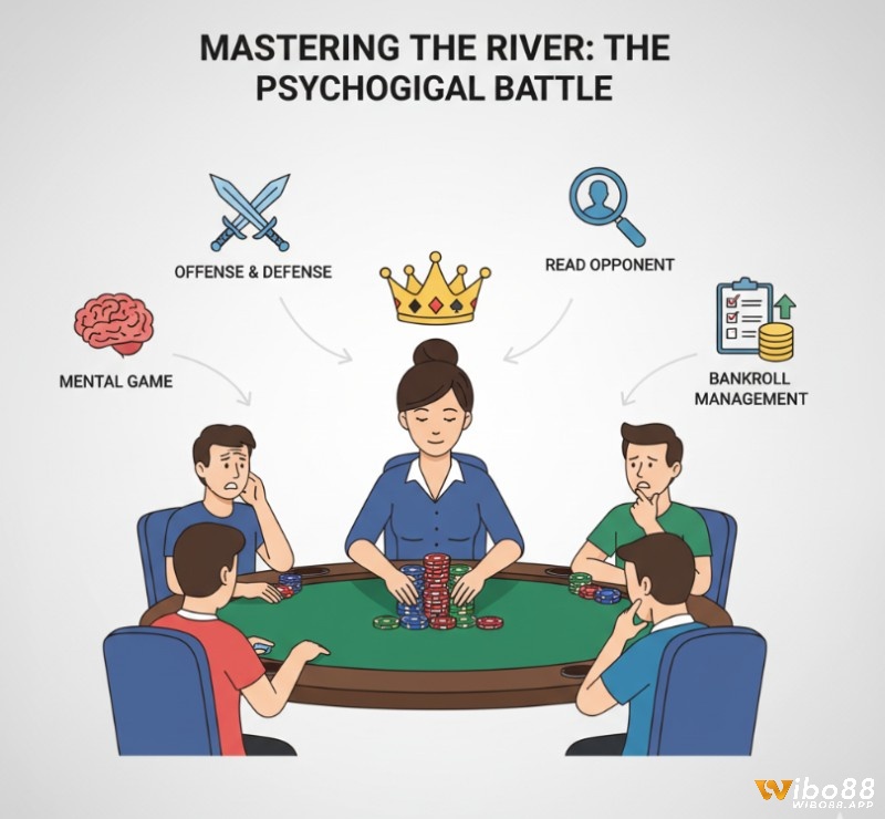 Người chơi poker làm chủ vòng River bằng chiến thuật tấn công, phòng thủ, đọc vị đối thủ, quản lý vốn, và giữ tâm lý vững vàng