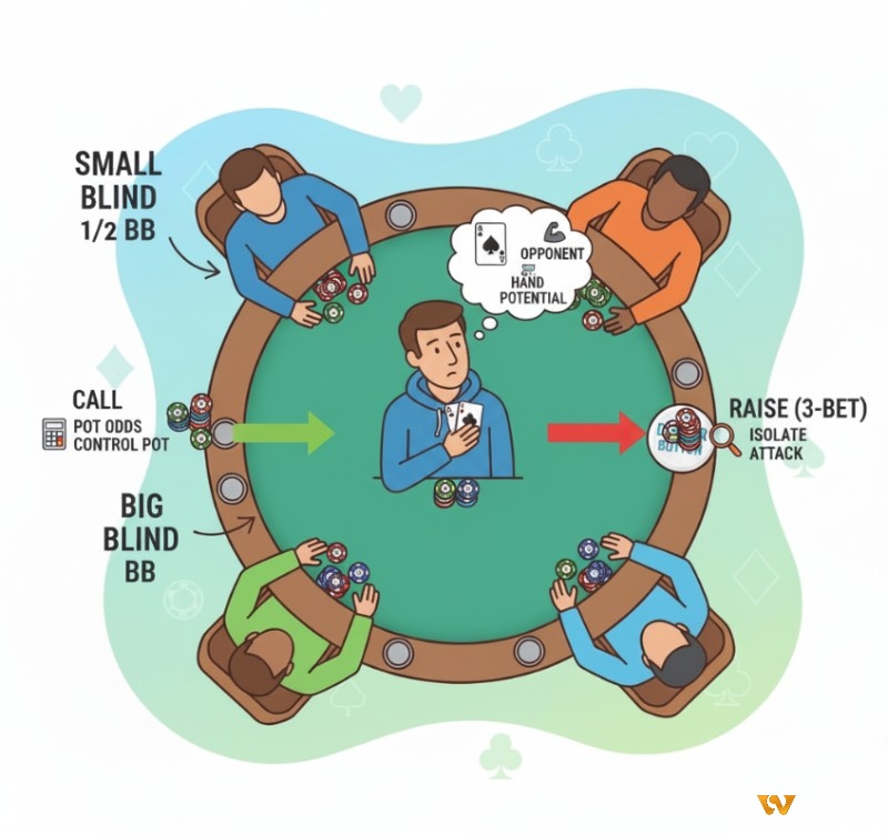 Người chơi poker xem xét các tình huống call hoặc raise từ vị trí small blind trước Flop để đưa ra chiến thuật phù hợp