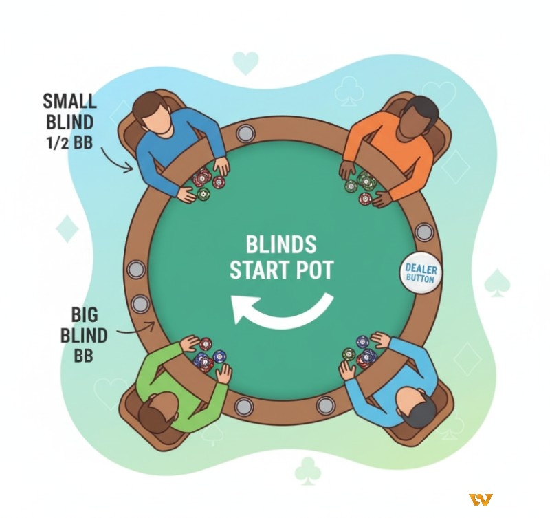 Người chơi đặt small blind trong poker, giải thích small blind poker là gì, giá trị và vai trò của small blind trong ván đấu
