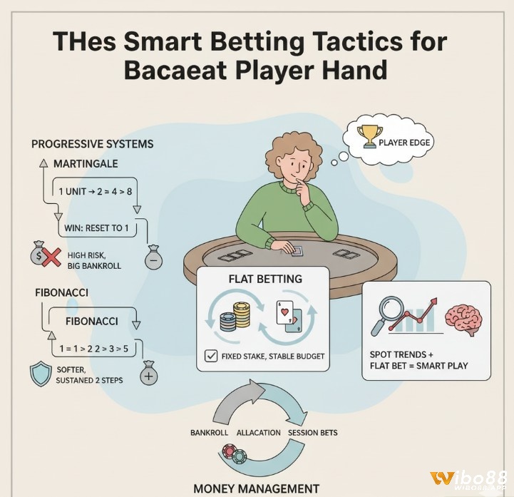 Người chơi baccarat áp dụng các chiến thuật cược như Martingale, Fibonacci và cược phẳng để quản lý vốn và nâng cao kinh nghiệm