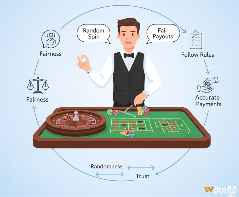 Dealer Roulette đảm bảo công bằng, minh bạch bằng cách quay bánh xe, tung bóng ngẫu nhiên và xử lý cược chính xác