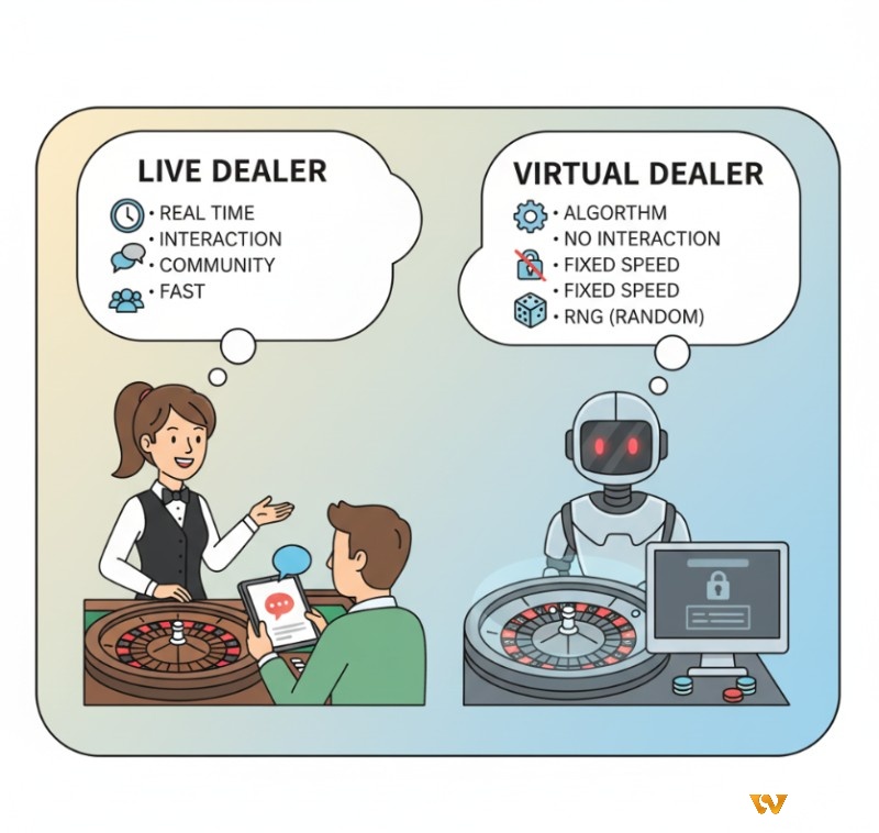 Người chơi roulette phân biệt Live Dealer với Dealer ảo qua tính chân thực, tương tác và tốc độ chơi