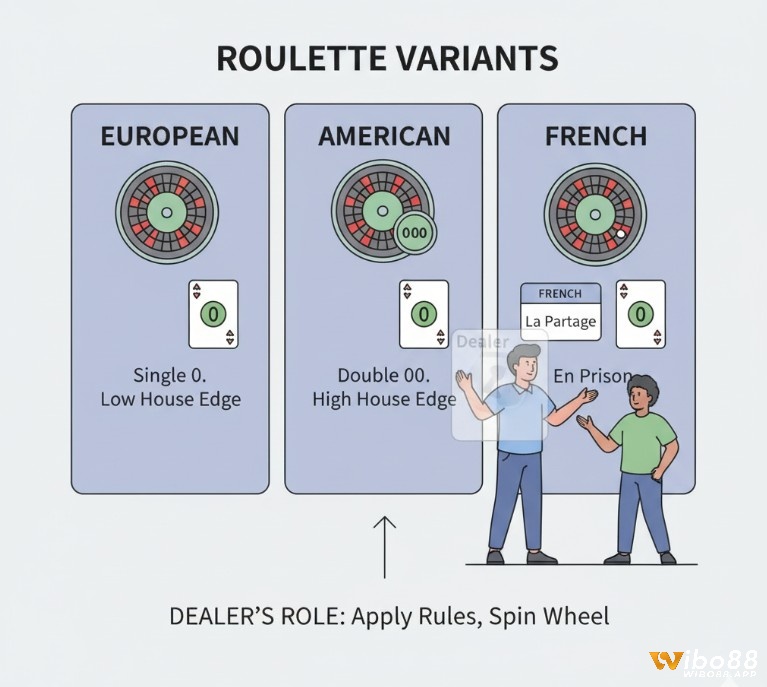 Người chơi tìm hiểu các biến thể Roulette (Mỹ, Châu Âu, Pháp) và vai trò của Dealer, nắm vững luật để tối ưu chiến thuật