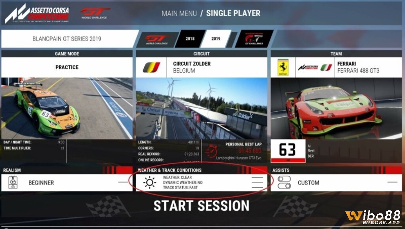 Màn hình chọn thời tiết và thời gian trong ngày trước khi vào session