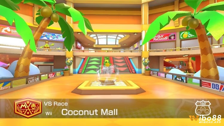 Đường đua Coconut Mall trong game Mario Kart 8 Deluxe với nhịp độ nhanh và đông người chơi
