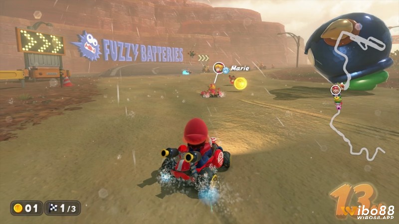 Đường đua Neo Bowser City mưa trong game Mario Kart 8 Deluxe với hiệu ứng nước