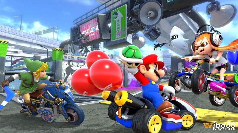 Trận đua online hỗn loạn trong game Mario Kart 8 Deluxe với nhiều vật phẩm