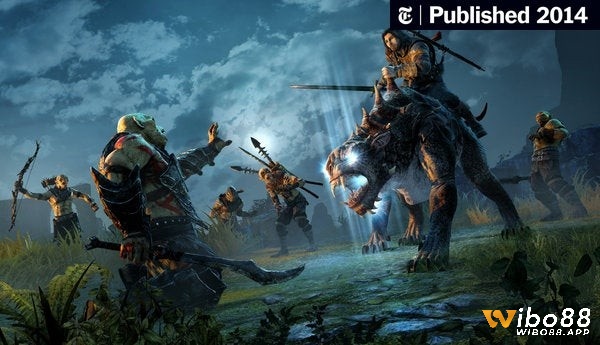 Talion đối mặt thủ lĩnh Orc trong khung cảnh rực lửa, đám lính đứng quanh reo hò