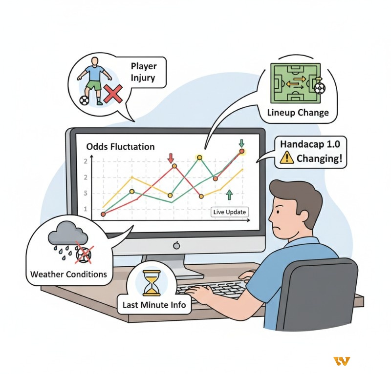 Người chơi cá cược phân tích các yếu tố biến động (chấn thương cầu thủ, thay đổi đội hình) ảnh hưởng đến kèo chấp 1.0 là gì