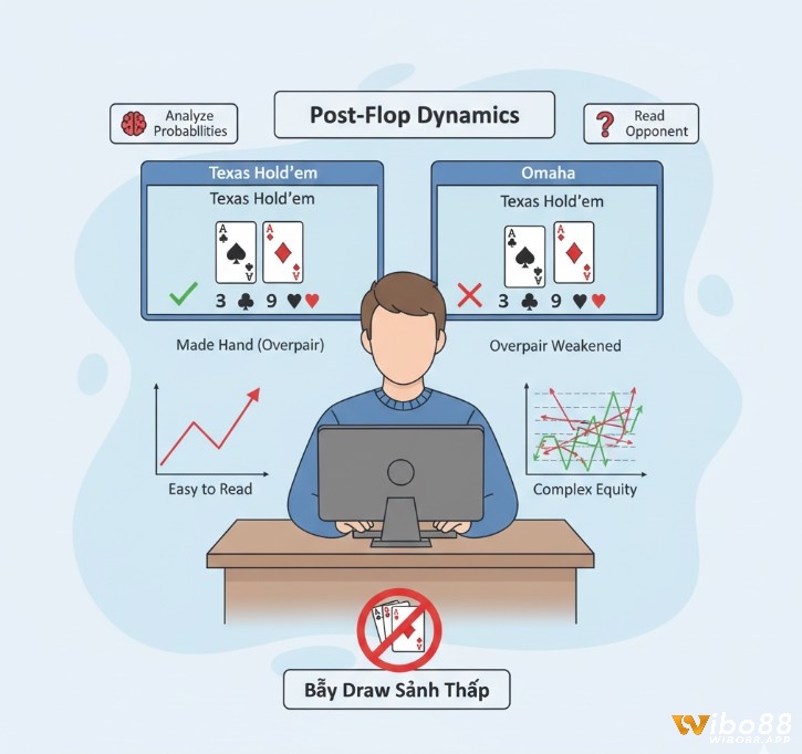 Người chơi poker phân tích động lực post-flop, so sánh xác suất bài mạnh và bài đợi giữa Texas Hold'em và Omaha