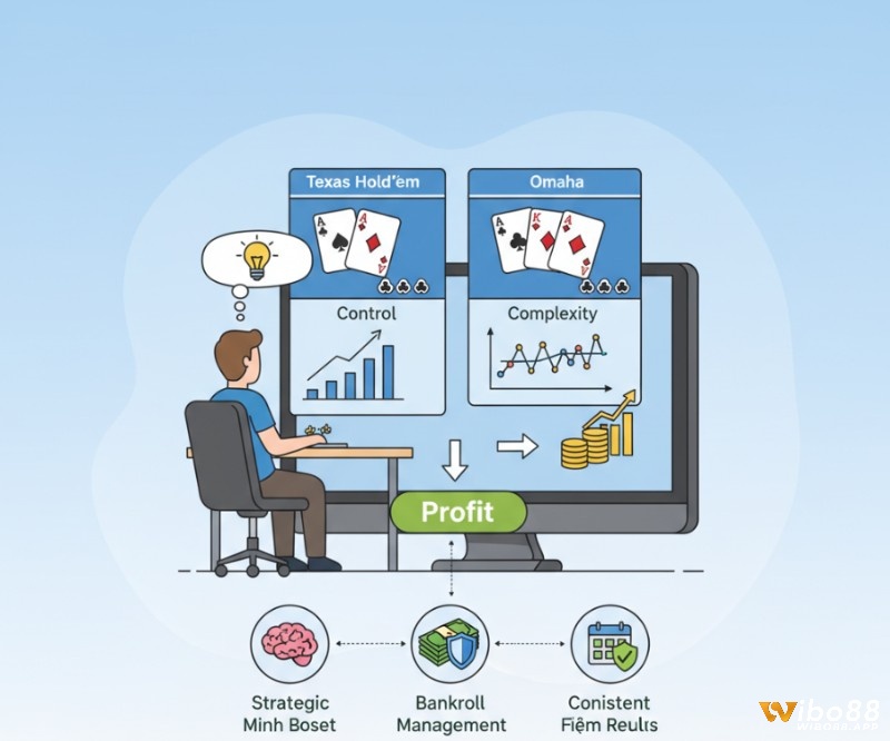 Người chơi poker phân tích khác biệt holdem vs omaha để lựa chọn trò chơi phù hợp với phong cách cá nhân, từ đó nâng cao lợi nhuận