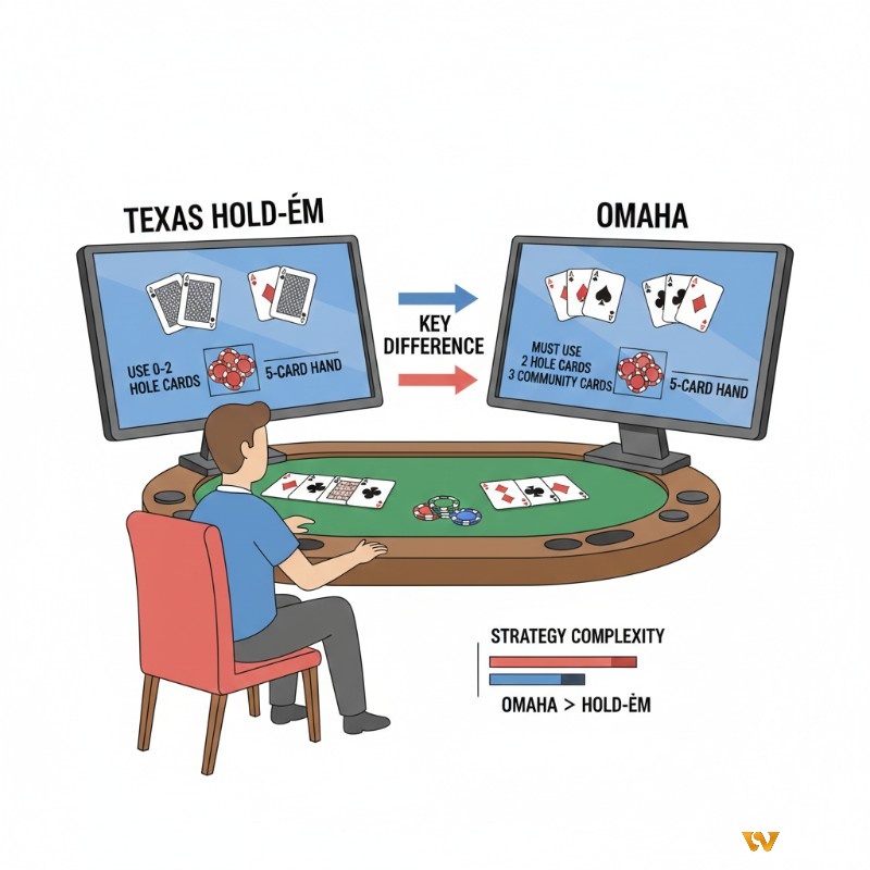 Người chơi poker minh họa sự khác biệt giữa Texas Hold'em (2 lá bài tẩy, dùng linh hoạt) và Omaha (4 lá bài tẩy, bắt buộc dùng 2 lá)