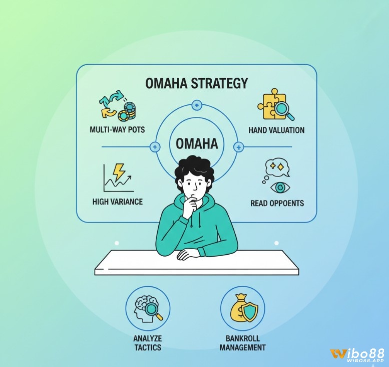 Người chơi poker đang phân tích các chiến lược Omaha, xem xét pot nhiều người chơi, định giá bài và khả năng biến động