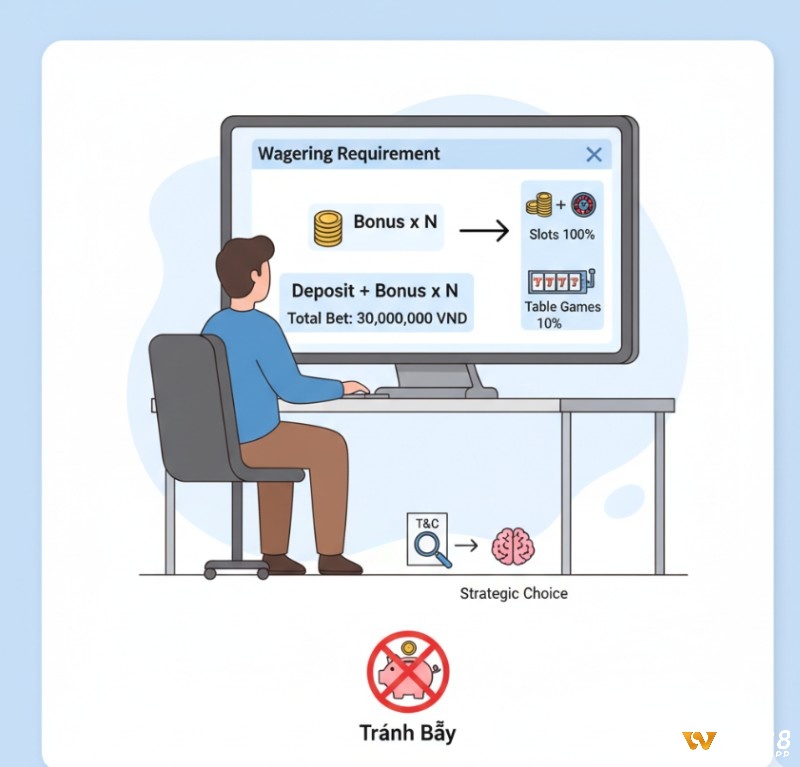 Người chơi sòng bạc xem xét các điều khoản và điều kiện, tính toán vòng cược bonus dựa trên tiền gửi và tiền thưởng, đồng thời chọn trò chơi phù hợp