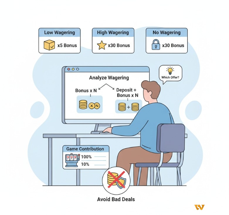 Người chơi sòng bạc đang xem xét và phân tích các loại vòng cược bonus khác nhau để đưa ra lựa chọn ưu đãi phù hợp