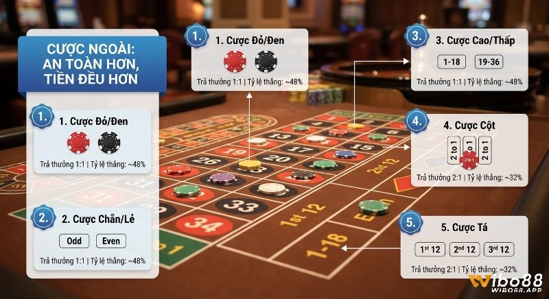 Hướng dẫn 5 loại cược ngoài Roulette an toàn, ổn định như đỏ/đen, chẵn/lẻ, cao/thấp kèm tỷ lệ trả thưởng, thắng chi tiết