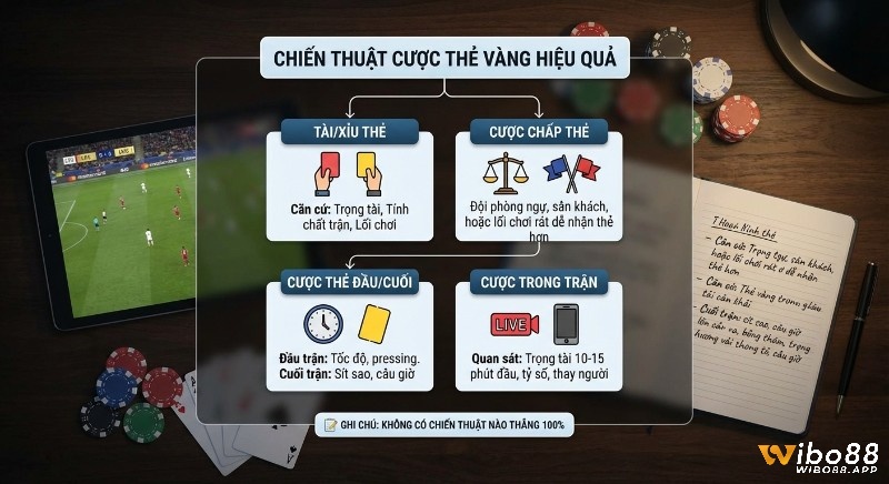 Sơ đồ tổng hợp 4 chiến thuật cược kèo thẻ vàng hiệu quả: Tài/Xỉu, Chấp, Thẻ đầu/cuối và Live bet, dựa vào trọng tài, lối chơi, tỷ số
