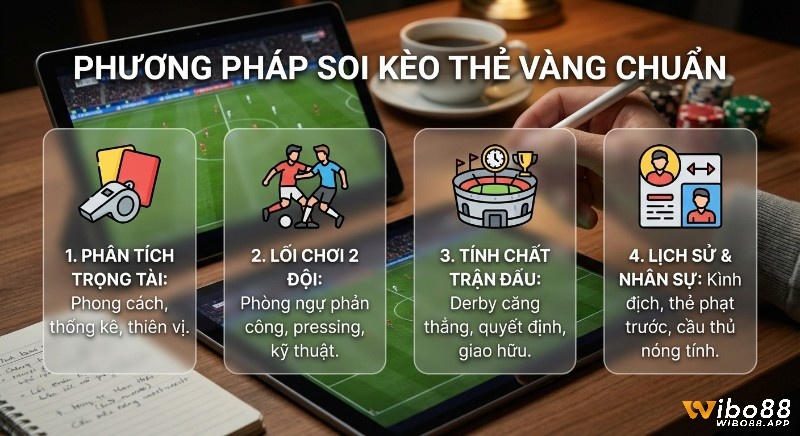 Checklist bí kíp soi kèo thẻ vàng chuẩn từ chuyên gia, gồm 4 yếu tố: trọng tài, lối chơi, tính chất trận đấu, lịch sử và nhân sự trong cách cược kèo thẻ vàng