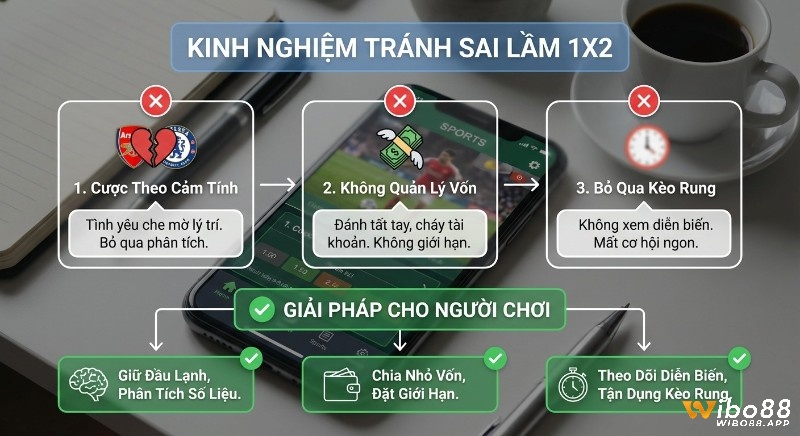 Sơ đồ tóm tắt 3 sai lầm chết người và giải pháp tránh khi chơi kèo 1X2: giữ đầu lạnh, quản lý vốn, tận dụng kèo rung