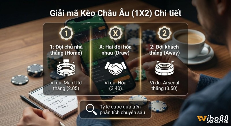 Hướng dẫn giải mã kèo Châu Âu (1X2) là gì chi tiết, minh họa các ký hiệu 1, X, 2 cùng ví dụ và tỷ lệ cược dựa trên phân tích chuyên sâu