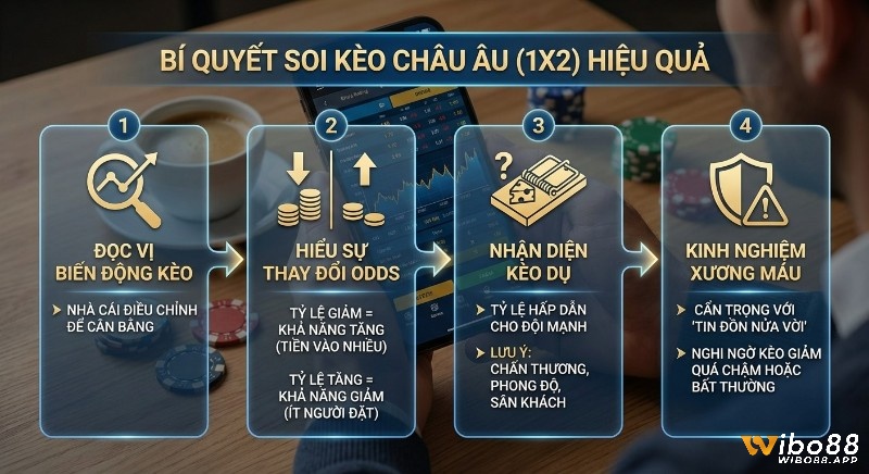 Hướng dẫn 4 bước soi kèo châu Âu (1X2) để đọc vị biến động, hiểu odds, nhận diện kèo dụ và áp dụng kinh nghiệm xương máu