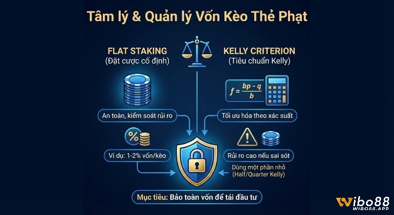 Tổng quan chiến lược quản lý vốn kèo thẻ phạt: so sánh Flat Staking an toàn và Kelly Criterion tối ưu nhưng rủi ro, hướng tới bảo toàn vốn