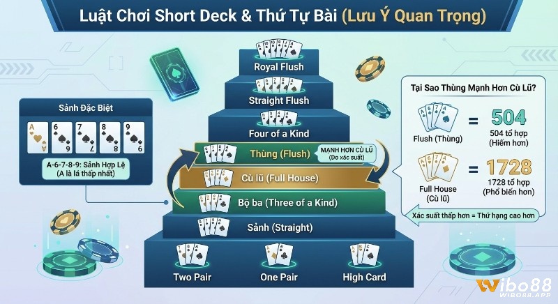 Hướng dẫn luật chơi Short Deck với bảng xếp hạng hand bài chuẩn, làm rõ Sảnh A-6-7-8-9 và sự ưu tiên Thùng so với Cù lũ