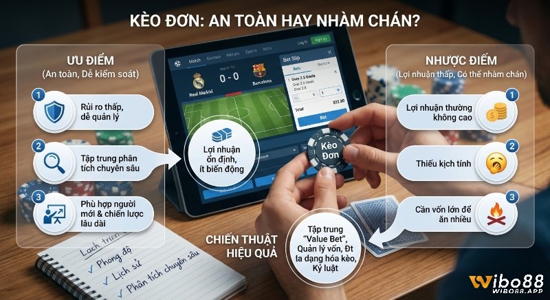 Hướng dẫn kèo đơn: phân tích ưu nhược điểm (an toàn, nhàm chán, lợi nhuận) và chiến thuật giúp cá cược hiệu quả trong bối cảnh so sánh xiên vs single bet