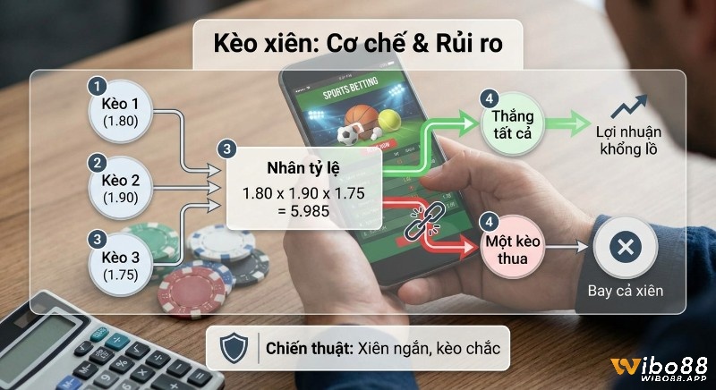 Sơ đồ giải thích cơ chế kèo xiên qua việc nhân tỷ lệ, tiềm năng lợi nhuận khổng lồ và rủi ro mất trắng, cùng chiến thuật xiên ngắn