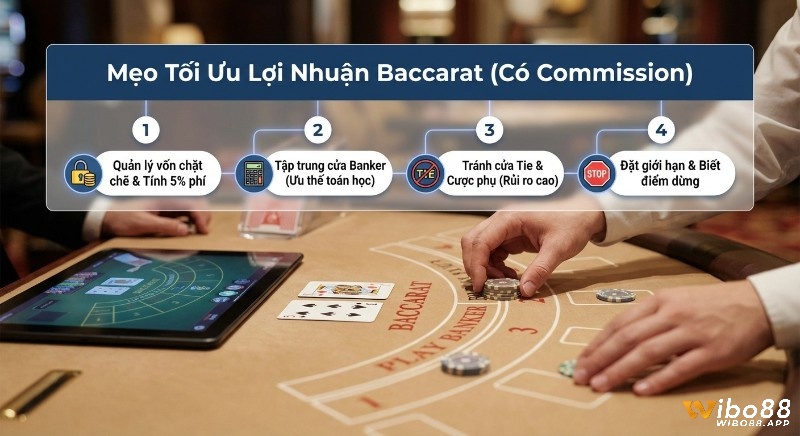 Chiến lược 4 bước tối ưu lợi nhuận Baccarat có commission: quản lý vốn, ưu tiên Banker, tránh cược phụ và biết điểm dừng