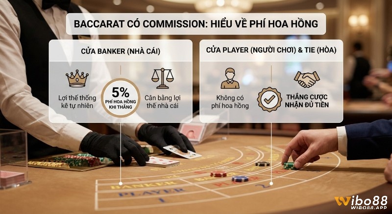 Baccarat có commission là gì? Hướng dẫn hiểu phí hoa hồng Baccarat: 5% áp dụng cho cửa Banker, Player và Tie không mất phí