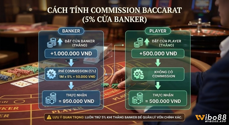 Ví dụ minh họa cách tính commission Baccarat thực tế cho thấy trừ 5% khi thắng Banker và không phí khi thắng Player